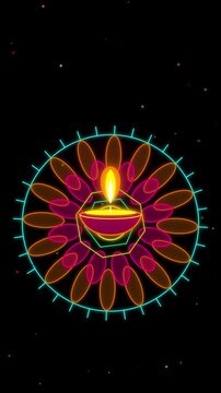 Neon diya rangoli mandala diwali festival glow on black vertical 4k seamless background motion