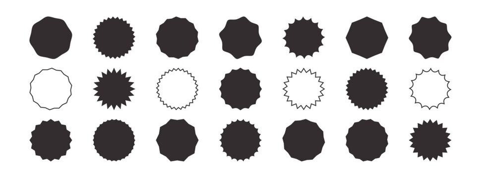 Sticker star shape, round price icon. Burst circle sale banner, retro promo stamp. Wavy starburst badge, black button set flat, line art isolated on white background. Cute special vector illustration