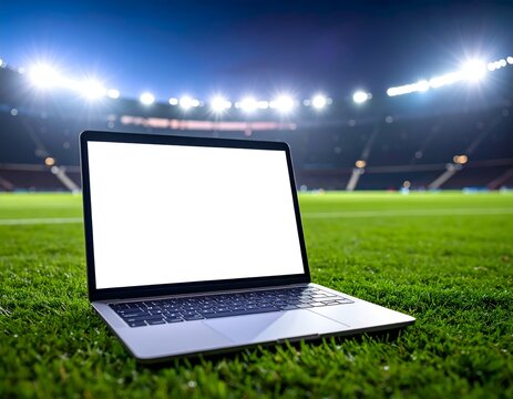 Laptop on a grassy field in a stadium at night, bright lights illuminate the scene