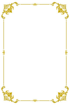 An elegant luxury gold vertical frame with ornamental baroque floral corners isolated on a transparent background for certificate and invitation designs.