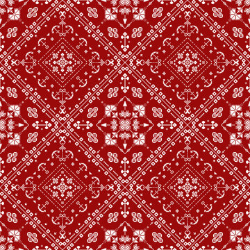 Red and white seamless geometric folk pattern with intricate diamond motifs, symmetrical ornaments, floral elements, and detailed pixel-inspired decorative shapes arranged in a repeating textile desig