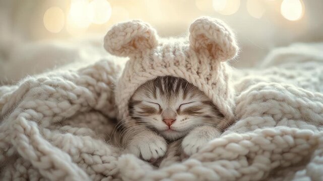 Cute newborn kitten sleeping peacefully in tiny knitted animal hat on plush blanket with soft golden background creating tender pet portrait for comfort warmth innocence bedtime dreams and cozy home