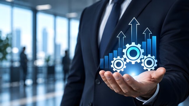 Business operational efficiency concept with businessman holding glowing digital gears and upward financial charts
