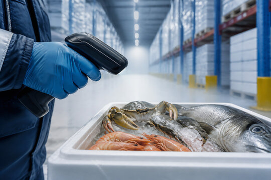 A person in blue gloves holds a scanner over a tray of fresh fish and seafood in a refrigerated warehouse.