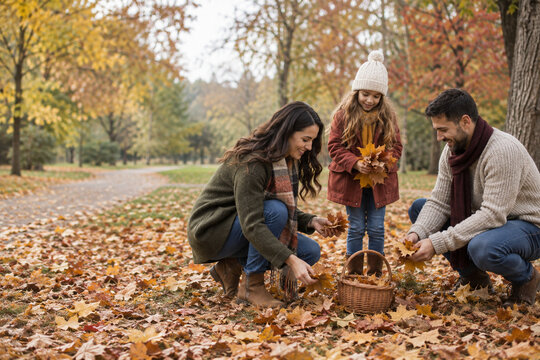 Familia recogiendo hojas en el parque