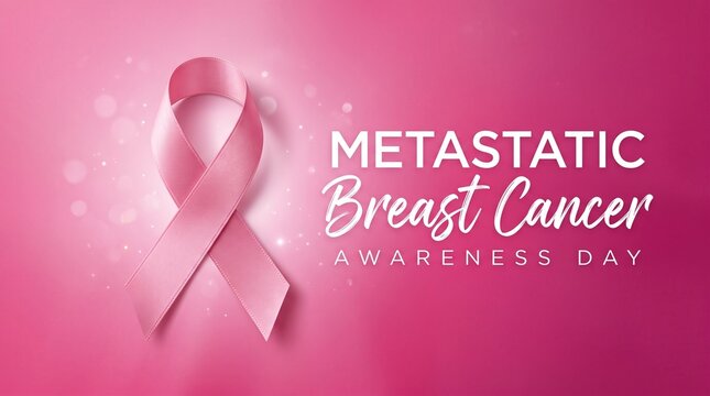 Metastatic Breast Cancer Awareness Day banner, pink ribbon symbol on bokeh background, healthcare campaign graphic