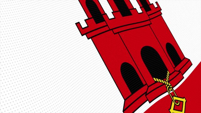 Flag of Gibraltar waving slowly in the foreground and moving upwards.