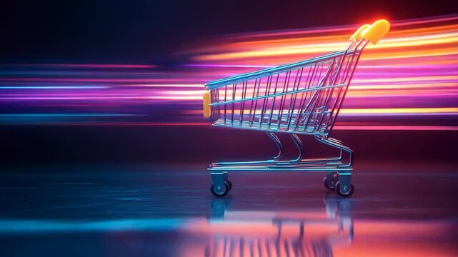 Empty grocery cart high speed supermarket environment with colorful light streaks modern retail shopping technology consumer market movement ecommerce delivery futuristic store atmosphere background