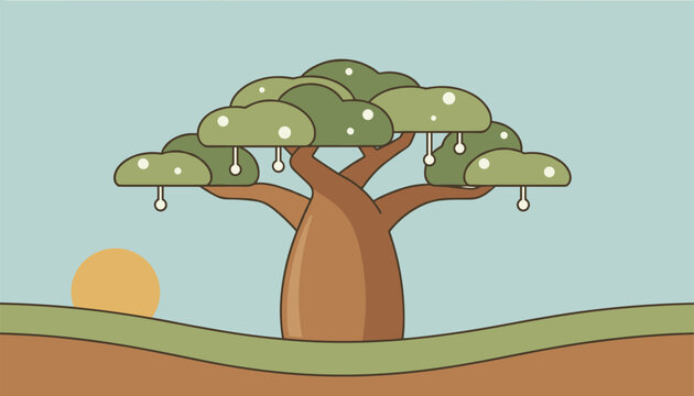 African baobab tree standing in a wild savannah landscape with hills and a rising sun in a minimalist flat vector style.