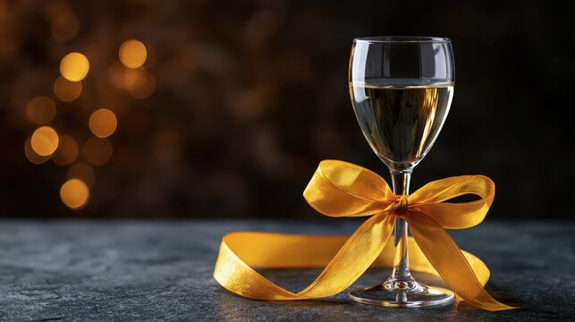 Champagne flute with golden ribbon tied around stem on dark surface