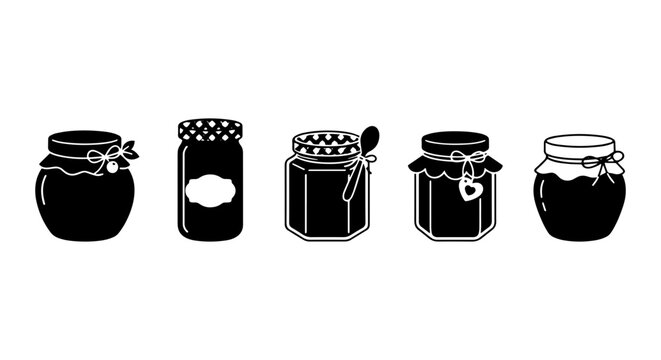 Jam Jars Vector Icons Set, Preserves Food Containers Collection, Sweet Fruit Spread Glass Bottles