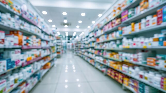 Defocused colorful pharmacy shelving with rows of health products