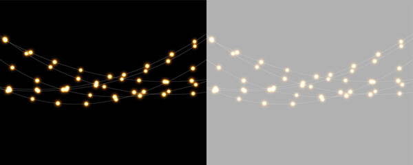 Naklejka premium A string of warm yellow fairy lights creating a soft glowing effect. The lights are arranged in multiple curved strands with thin visible wires. This image is suitable for festive or cozy.
