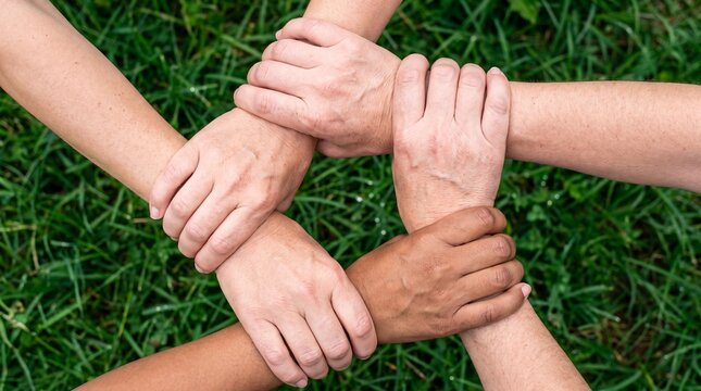Diverse human hands joined together in a circle demonstrating unity teamwork community and social support