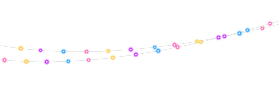 Colorful round string lights are arranged along two horizontal lines with a slight curve. The lights feature vivid blue, pink, purple, and golden hues that glow warmly.