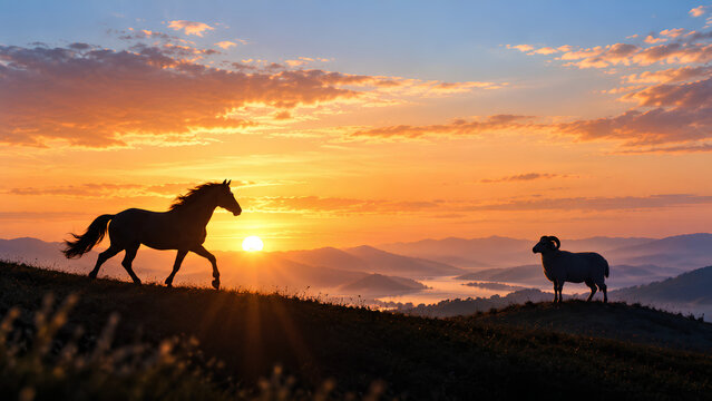 夕日の山岳風景に佇む馬と羊が象徴する午年から未年への移行
