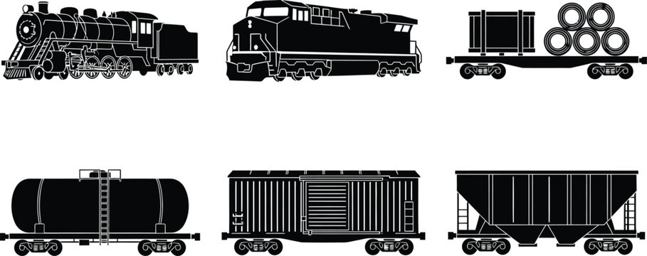 Railway transportation and freight train vector silhouette set featuring steam locomotive diesel engine and cargo railcars