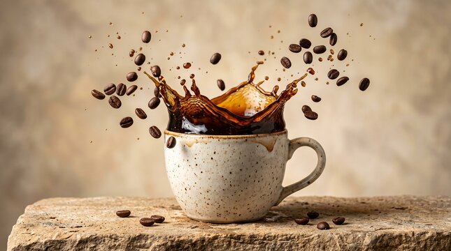 Dynamic coffee splash in ceramic cup, roasted coffee beans flying in mid-air, rustic stone surface and warm textured background