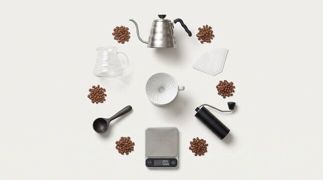 Minimalist pour over coffee brewing kit, professional barista equipment set on white background, specialty coffee flat lay with beans