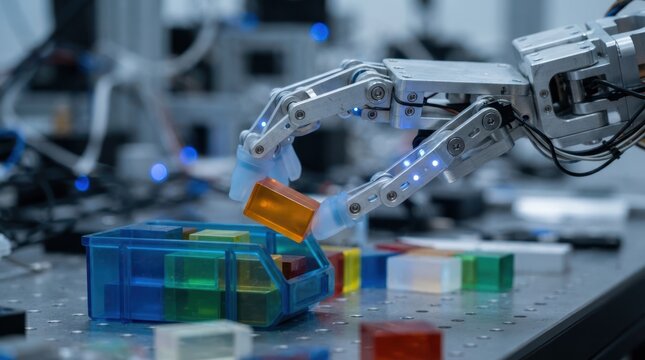 robot hand sorting translucent blocks with silicone fingertips, aluminum joints, and glowing status leds