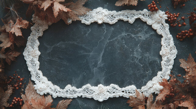 Vintage antique lace frame with dry maple leaves and spider web on dark stone background. Halloween template with space for text or design. Promotions, or seasonal greetings