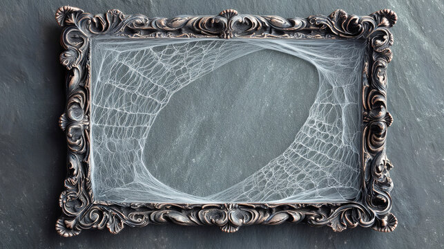 Decorative carved cast metal frame rectangular vintage style with spider web and empty space on gray stone background. Template with space for text or design