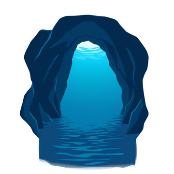 Underwater cave with glowing blue light entering from the surface above