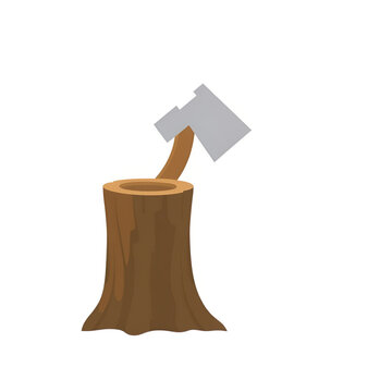 Heavy iron axe embedded deeply into a brown tree stump on white background