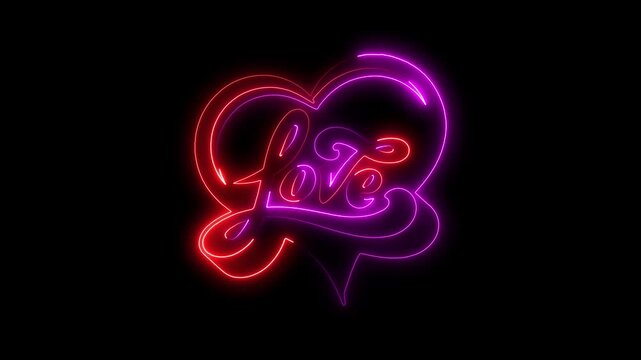 Pink and red neon heart with love script on black background image photo