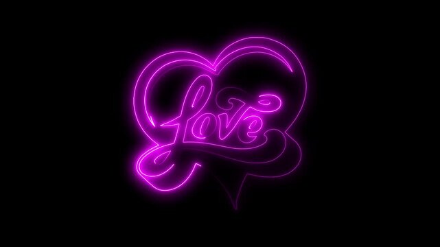 Pink neon heart with love script on black background glowing 4k video.