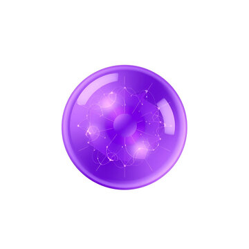 Purple glossy orb with glowing abstract geometric pattern inside isolated on white