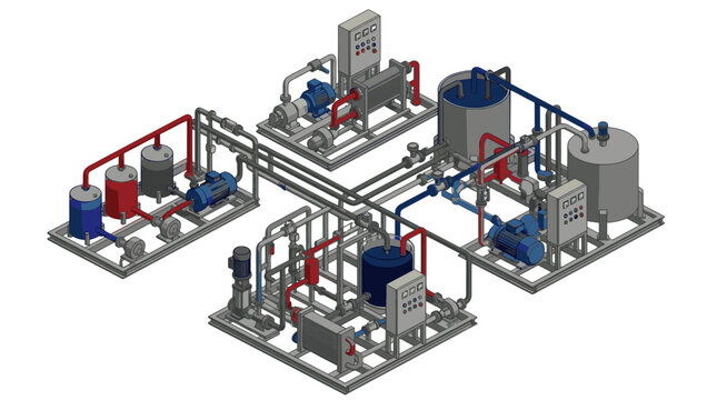 Industrial 3D Rendering of Complex Process Skid with Pumps Tanks Heat Exchangers and Control Panels in Blue Red and Gray