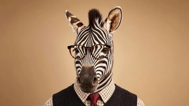 Funny zebra male cartoon character with human body wearing a shirt, tie, and glasses making silly faces at camera