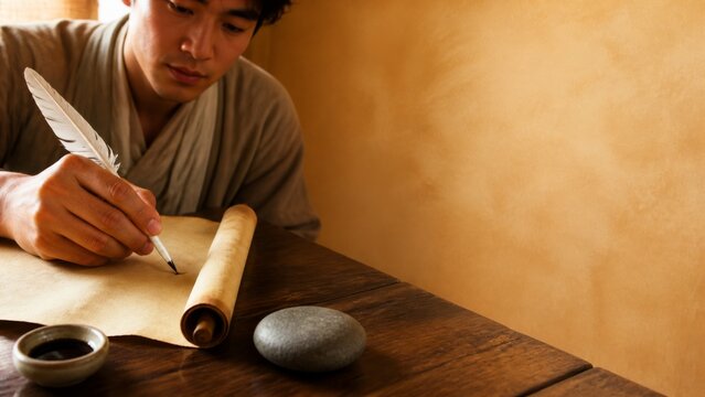 Ancient scholar writing on a scroll with a feather quill pen. Historical writing scene with inkpot and old paper on a wooden table