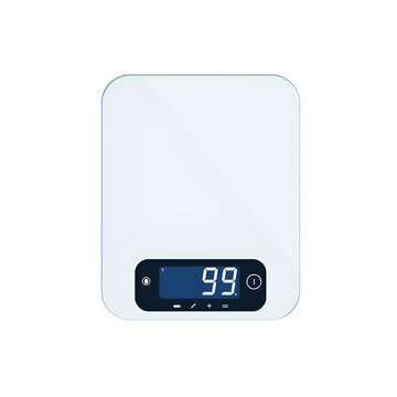 Modern kitchen scale with digital display showing weight on white background