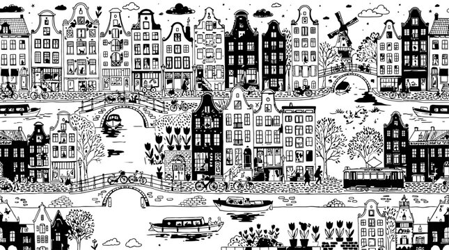 Amsterdam cityscape seamless doodle vector background in black and white