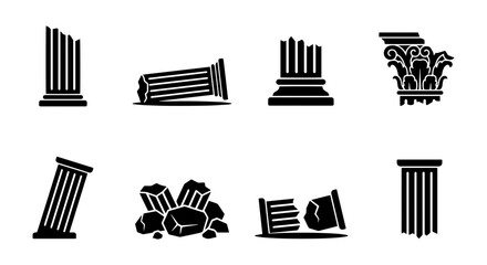 Obraz premium Ancient Greek Column Icons, Ruined Architecture Elements, Classical Building Parts, Historic Structure Symbols