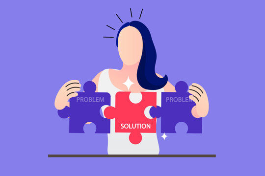 Businesswoman holding solution jigsaw puzzle piece connecting two problem blocks, suitable for business problem solving webinars, crisis management presentations, and decision guidance landing pages.