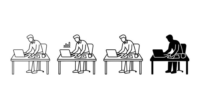 Business Man Working at Desk Vector Icons, Office Workflow Illustrations, Professional Computer Use