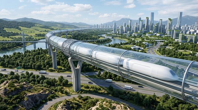 Futuristic hyperloop high speed train traveling through a transparent vacuum tube corridor towards a smart city skyline
