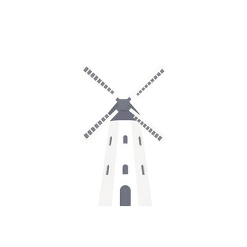 Traditional Dutch windmill building with large rotating blades in minimalist vector style
