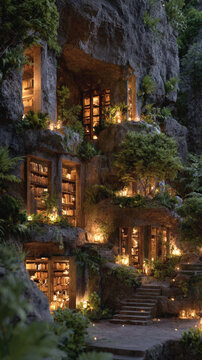 Mystical cliff library ancient book candle light rock cave forest tree stone stair secret archive fantasy scene magical atmosphere hidden sanctuary