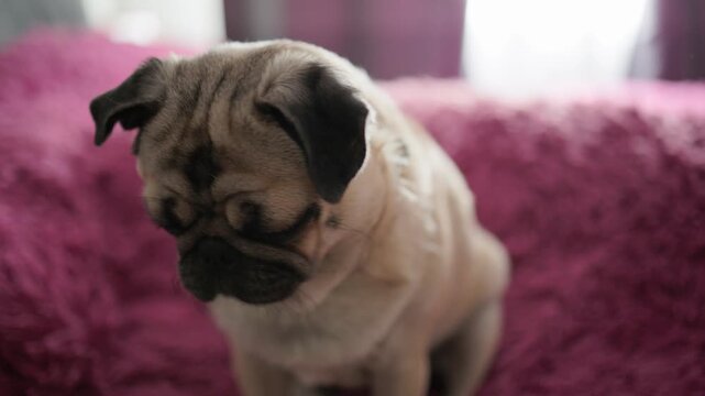 Cute pug dog sitting and looking focused