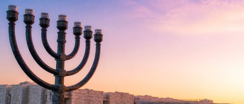 Ancient menorah silhouette against a vibrant sunset sky at a holy site with blurred background and ample copy banner format