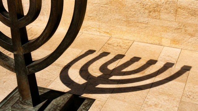 Ancient menorah silhouette against a vibrant sunset sky at a holy site with blurred background and ample copy banner format