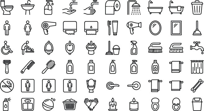 Public restroom and personal hygiene outline icons mega set featuring bathroom sanitary equipment cleaning tools linear symbols vector