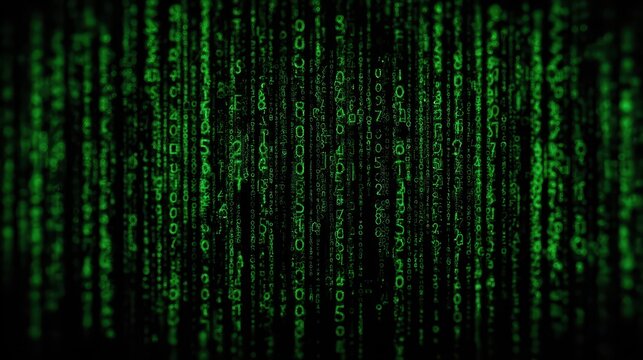Green binary code rain falling on black background, digital data stream and cyber technology.