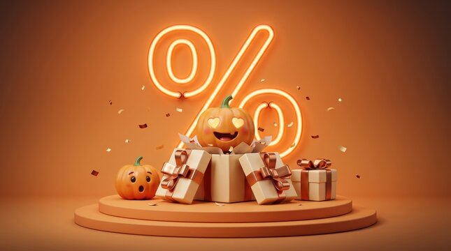Happy pumpkin character with heart eyes popping out of a gift box near glowing neon percentage symbol and falling gold confetti on an elegant orange studio stage for autumn sales