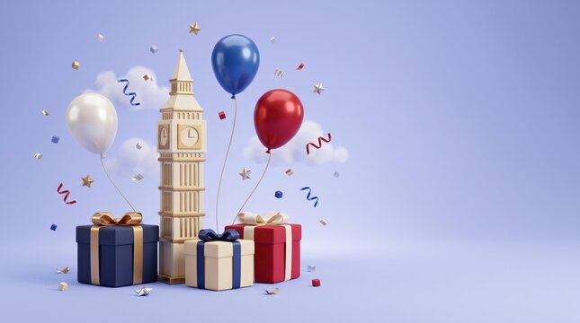 Miniature Big Ben clock tower model surrounded by vibrant colorful gift boxes and floating helium balloons against a soft pastel blue background created with high quality 3d digital rendering style.