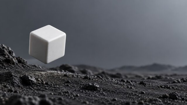 A white cube levitates above a rough, rocky black surface with a blurred mountainous background under a gray sky.
